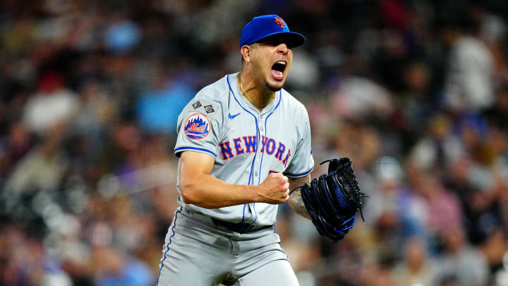 Aug 7, 2024; Denver, Colorado, USA; New York Mets pitcher Jose Butto (70) reacts to striking out the Colorado Rockies during the seventh inning at Coors Field. Mandatory Credit: Ron Chenoy-USA TODAY Sports