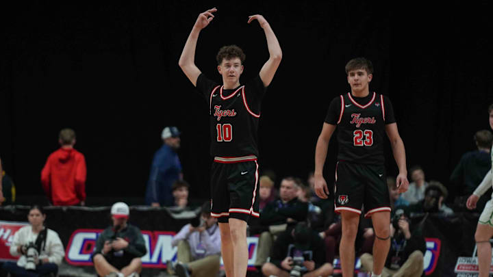 ADM’s Trey Bryte fires up his teammates as the Tigers regained the lead over Storm Lake during the Iowa high school boys state basketball tournament on Monday, March 10, 2025, at Wells Fargo Arena in Des Moines. Mandatory Credit: Bryon Houlgrave-The Des Moines Register