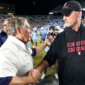 Nov 8, 2025; Chapel Hill, North Carolina, USA; North Carolina Tar Heels head coach Bill Belichick with Stanford Cardinal head coach Frank Reich after the game at Kenan Stadium. Mandatory Credit: Bob Donnan-Imagn Images