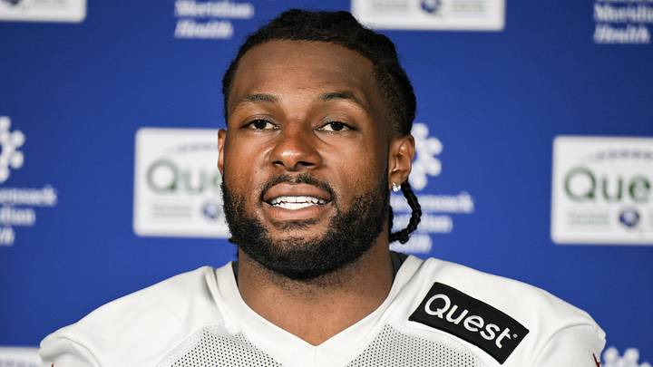 Jun 17, 2025; East Rutherford, NJ, USA; New York Giants linebacker Kayvon Thibodeaux (5) speaks at a press conference during minicamp at Quest Diagnostics Training Center. Mandatory Credit: John Jones-Imagn Images