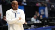 North Carolina Tar Heels head coach Hubert Davis looks on during the First Four Practice at UD Arena. 