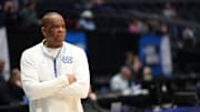 Mar 17, 2025; Dayton, OH, USA; North Carolina Tar Heels head coach Hubert Davis looks on during the First Four Practice at UD Arena. Mandatory Credit: Rick Osentoski-Imagn Images