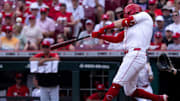 Cincinnati Reds second baseman Matt McLain hits a solo home run in the sixth inning of the MLB game between Cincinnati Reds and Chicago White Sox at Great American Ball Park in Cincinnati on Thursday, May 15, 2025.
