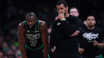 Apr 29, 2025; Boston, Massachusetts, USA; Boston Celtics head coach Joe Mazzulla talks with guard Jaylen Brown (7) from the sideline as they take on the Orlando Magic during game five of first round for the 2025 NBA Playoffs at TD Garden. Mandatory Credit: David Butler II-Imagn Images