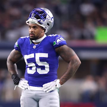 Nov 30, 2023; Arlington, Texas, USA; Seattle Seahawks defensive end Dre'Mont Jones (55) looks on during the first half against the Dallas Cowboys at AT&T Stadium. Mandatory Credit: Tim Heitman-Imagn Images
