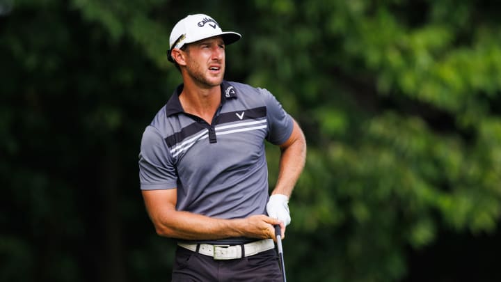 Jul 7, 2022; Nicholasville, Kentucky, USA; Derek Ernst plays his shot from the third tee during the first round of the Barbasol Championship golf tournament. Mandatory Credit: Jordan Prather-USA TODAY Sports