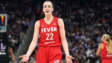 Jun 19, 2025; San Francisco, California, USA; Indiana Fever guard Caitlin Clark (22) gestures during the second quarter against the Golden State Valkyries at Chase Center. Mandatory Credit: Darren Yamashita-Imagn Images
