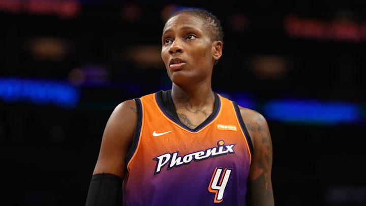 Aug 7, 2025; Phoenix, Arizona, USA; Phoenix Mercury forward Natasha Mack (4) against the Indiana Fever during WNBA game at PHX Arena. Mandatory Credit: Mark J. Rebilas-Imagn Images
