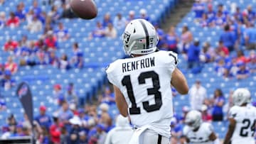 Sep 17, 2023; Orchard Park, New York, USA; Las Vegas Raiders wide receiver Hunter Renfrow (13) warms up prior to the game against the Buffalo Bills at Highmark Stadium. Mandatory Credit: Gregory Fisher-Imagn Images