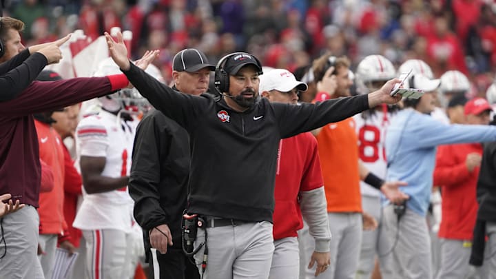 Nov 16, 2024; Chicago, Illinois, USA; Ohio State Buckeyes head coach Ryan Day gestures to the officials against the Northwestern Wildcats during the second half at Wrigley Field.