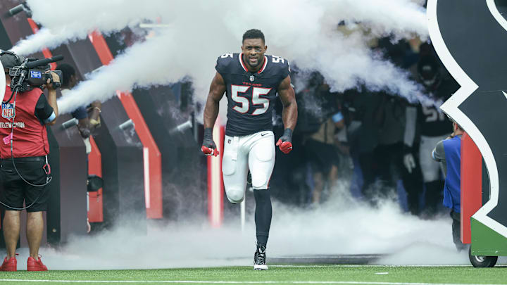 Oct 27, 2024; Houston, Texas, USA; Houston Texans defensive end Danielle Hunter (55) runs onto the field before the game against the Indianapolis Colts at NRG Stadium. Mandatory Credit: Troy Taormina-Imagn Images