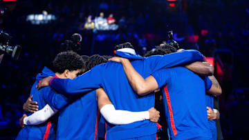 Mar 19, 2023; Detroit, Michigan, USA; The Detroit Pistons huddle: Allison Farrand-Imagn Images
