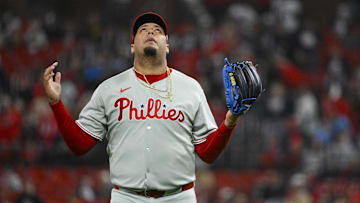 Philadelphia Phillies relief pitcher Carlos Hernández (35) reacts as he walks off the field after the seventh inning against the St. Louis Cardinals at Busch Stadium.