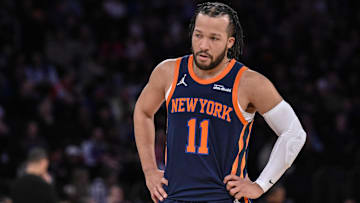 Apr 8, 2025; New York, New York, USA; New York Knicks guard Jalen Brunson (11) during the second half against the Boston Celtics at Madison Square Garden. Mandatory Credit: John Jones-Imagn Images