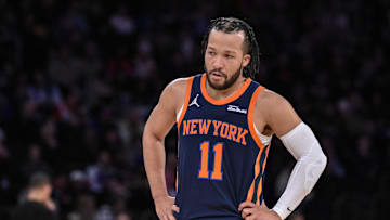 Apr 8, 2025; New York, New York, USA; New York Knicks guard Jalen Brunson (11) during the second half against the Boston Celtics at Madison Square Garden. Mandatory Credit: John Jones-Imagn Images