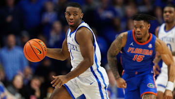 Jan 4, 2025; Lexington, Kentucky, USA; Kentucky Wildcats guard Lamont Butler (1) brings the ball up court during the second half against the Florida Gators at Rupp Arena at Central Bank Center. Mandatory Credit: Jordan Prather-Imagn Images
