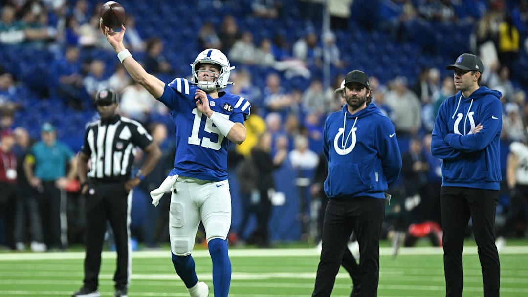 Dec 28, 2025; Indianapolis, Indiana, USA; Indianapolis Colts quarterback Riley Leonard (15) warms up before a game against the Jacksonville Jaguars at Lucas Oil Stadium. Mandatory Credit: Robert Goddin-Imagn Images