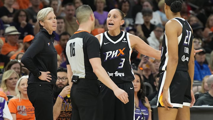 May 21, 2023; Phoenix, Arizona, USA; Phoenix Mercury guard Diana Taurasi (3) talks to WNBA official Isaac Barnett (16) in the second half against the Chicago Sky at Footprint Center. Mandatory Credit: Rick Scuteri-Imagn Images May 21, 2023; Phoenix, Arizona, USA; Phoenix Mercury guard Diana Taurasi (3) talks to WNBA official Isaac Barnett (16) in the second half against the Chicago Sky at Footprint Center. Mandatory Credit: Rick Scuteri-Imagn Images