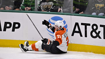 Mar 22, 2025; Dallas, Texas, USA; Philadelphia Flyers right wing Tyson Foerster (71) reacts to falling to the ice during the first period against the Dallas Stars at the American Airlines Center.