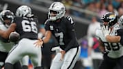 Nov 2, 2025; Paradise, Nevada, USA; Las Vegas Raiders quarterback Geno Smith (7) makes a catch during the first half against the Jacksonville Jaguars at Allegiant Stadium. Mandatory Credit: Kirby Lee-Imagn Images