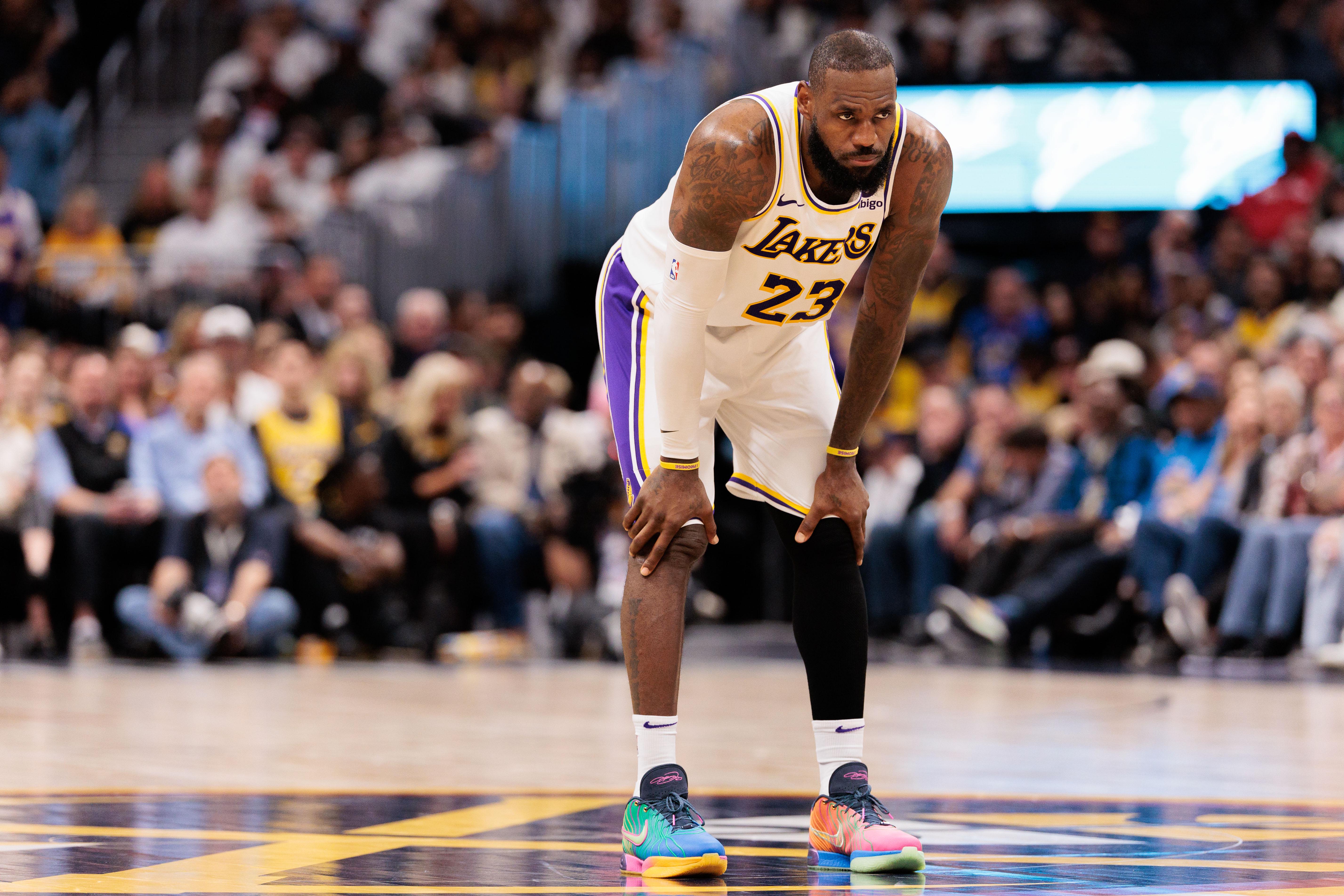 LeBron James looks on during a timeout.
