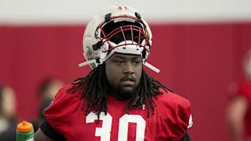 Wisconsin defensive lineman Charles Perkins (30) is shown during spring football practice Wednesday, April 23, 2025 in Madison, Wisconsin.