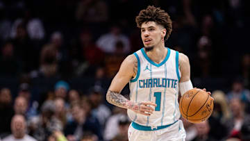 Mar 7, 2025; Charlotte, North Carolina, USA; Charlotte Hornets guard LaMelo Ball (1) brings the ball up court against the Cleveland Cavaliers during the first quarter at Spectrum Center. Mandatory Credit: Scott Kinser-Imagn Images