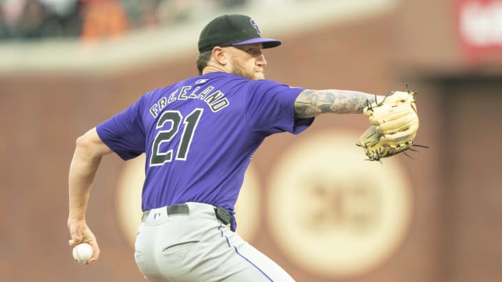 Jul 26, 2024; San Francisco, California, USA;  Colorado Rockies pitcher Kyle Freeland (21) pitches during the first inning against the San Francisco Giants at Oracle Park. Mandatory Credit: Stan Szeto-USA TODAY Sports