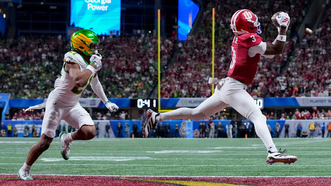 Indiana Hoosiers wide receiver Omar Cooper Jr. (3) makes a catch for a touchdown Friday, Jan. 9, 2026, during the Peach Bowl and semifinal game of the College Football Playoff against the Oregon Ducks at Mercedes-Benz Stadium in Atlanta.