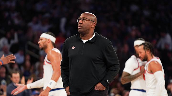 Nov 3, 2025; New York, New York, USA; New York Knicks head coach Mike Brown looks on during a timeout in the second half against the Washington Wizards at Madison Square Garden. Mandatory Credit: Lucas Boland-Imagn Images