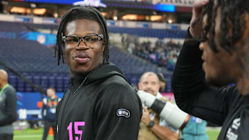 Feb 28, 2025; Indianapolis, IN, USA;  Colorado defensive back Travis Hunter (DB15) looks on during the 2025 NFL Combine at Lucas Oil Stadium. Mandatory Credit: Kirby Lee-Imagn Images