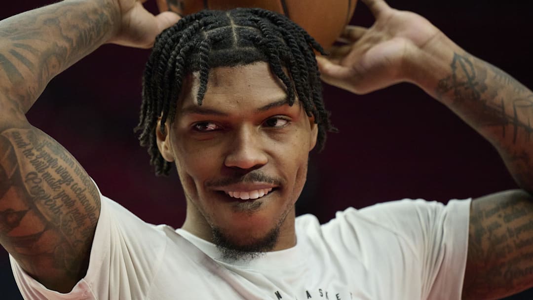 Feb 1, 2026; Portland, Oregon, USA; Portland Trail Blazers guard Caleb Love (2) warms up before a game against the Cleveland Cavaliers at Moda Center. Mandatory Credit: Troy Wayrynen-Imagn Images