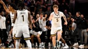Vanderbilt Commodores guard Tyler Nickel (5) reacts after a made 3pt. basket against the Kentucky Wildcats during the second half at Memorial Gymnasium.
