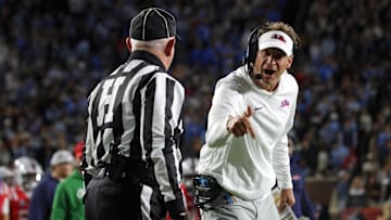 Nov 1, 2025; Oxford, Mississippi, USA; Mississippi Rebels head coach Lane Kiffin reacts toward an official during the first quarter  against the South Carolina Gamecocks at Vaught-Hemingway Stadium. Mandatory Credit: Petre Thomas-Imagn Images