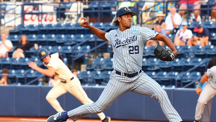 May 31, 2025; Oxford, MS, USA; Georgia Tech Yellowjackets relief pitcher Mason Patel (29) pitches during the first inning against the Murray State Racers. Mandatory Credit: Petre Thomas-Imagn Images May 31, 2025; Oxford, MS, USA; Georgia Tech Yellowjackets relief pitcher Mason Patel (29) pitches during the first inning against the Murray State Racers. Mandatory Credit: Petre Thomas-Imagn Images