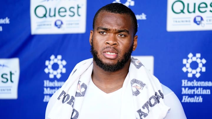 New York Giants offensive lineman Evan Neal . New York Giants offensive lineman Evan Neal .