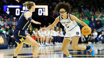 Notre Dame guard Olivia Miles (5) drives to the basket during the second round of the NCAA Women's Basketball Tournament between Notre Dame and Michigan at Purcell Pavilion on Sunday, March 23, 2025, in South Bend.
