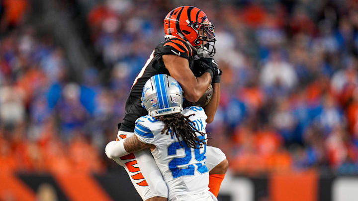 Cincinnati Bengals wide receiver Andrei Iosivas (80) pulls in a catch as he’s wrapped up by Detroit Lions cornerback Avonte Maddox (29) in the fourth quarter of the NFL Week 5 game between the Cincinnati Bengals and the Detroit Lions at Paycor Stadium in downtown Cincinnati on Sunday, Oct. 5, 2025. The Bengals continued a losing streak, falling 37-24 to the Lions. Cincinnati Bengals wide receiver Andrei Iosivas (80) pulls in a catch as he’s wrapped up by Detroit Lions cornerback Avonte Maddox (29) in the fourth quarter of the NFL Week 5 game between the Cincinnati Bengals and the Detroit Lions at Paycor Stadium in downtown Cincinnati on Sunday, Oct. 5, 2025. The Bengals continued a losing streak, falling 37-24 to the Lions.