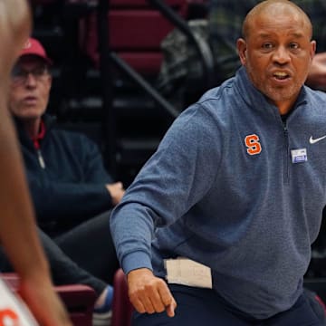Jan 29, 2025; Stanford, California, USA;  Syracuse Orange head coach Adrian Autry directs his team in the first half against the Stanford Cardinal at Maples Pavilion. Mandatory Credit: David Gonzales-Imagn Images