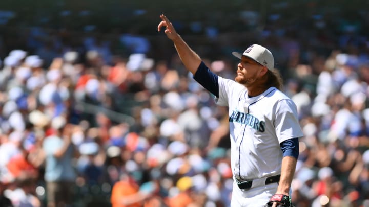 Seattle Mariners relief pitcher Ryne Stanek (45) celebrates the final out of the inning during the seventh inning against the Baltimore Orioles at T-Mobile Park on July 4.