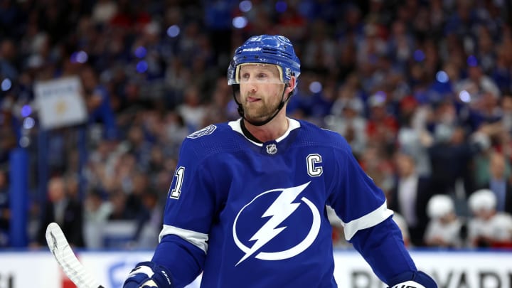 Apr 27, 2024; Tampa, Florida, USA; Tampa Bay Lightning center Steven Stamkos (91) looks on against the Florida Panthers during the third period in Game 4 of the first round of the 2024 Stanley Cup playoffs at Amalie Arena.