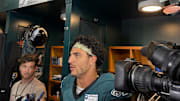 Eagles edge rusher/outside linebacker Jaelan Phillips takes questions for the first time with his new team.