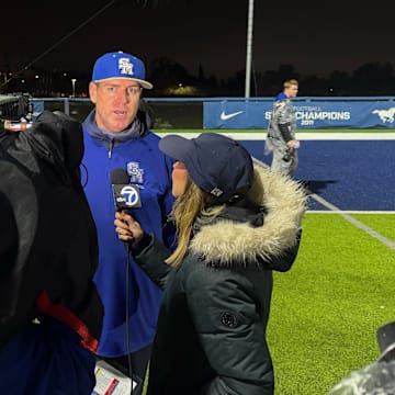 Carson Palmer being interviewed by ABC7 after Santa Margarita defeated Sierra Canyon in the Division 1 quarterfinals.