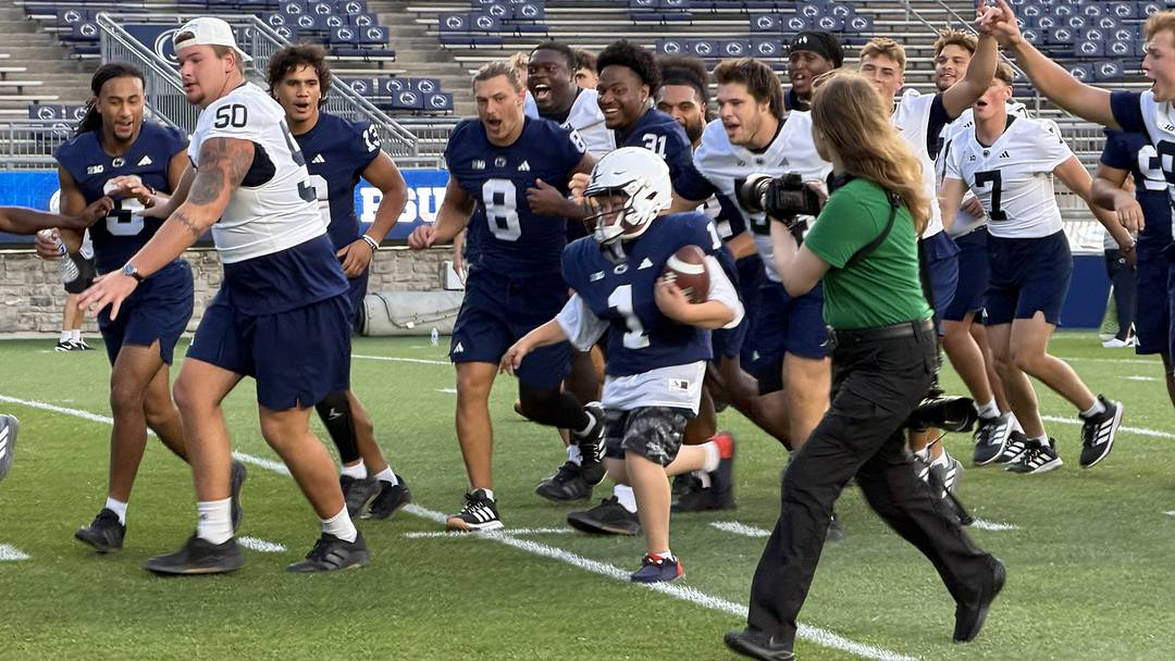 Penn State Nittany Lions football players participate in Victory Day at Beaver Stadium. Penn State Nittany Lions football players participate in Victory Day at Beaver Stadium.