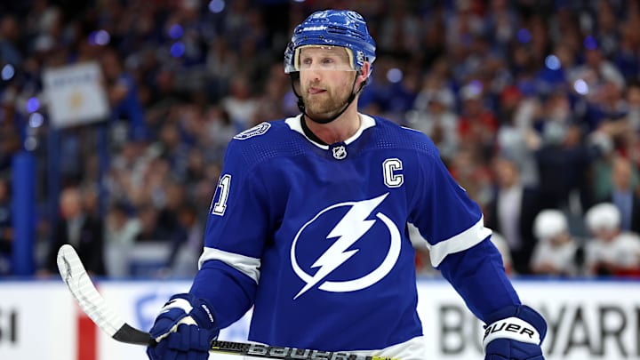 Apr 27, 2024; Tampa, Florida, USA; Tampa Bay Lightning center Steven Stamkos (91) looks on against the Florida Panthers during the third period in game four of the first round of the 2024 Stanley Cup Playoffs at Amalie Arena. Mandatory Credit: Kim Klement Neitzel-Imagn Images