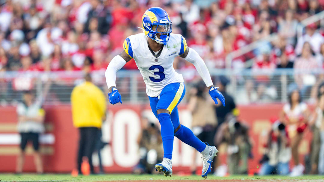 November 9, 2025; Santa Clara, California, USA; Los Angeles Rams safety Kam Curl (3) during the fourth quarter against the San Francisco 49ers at Levi's Stadium. Mandatory Credit: Kyle Terada-Imagn Images
