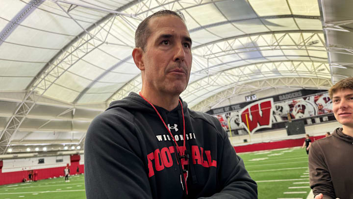 Wisconsin football coach Luke Fickell speaks to reporters after the first spring practice Thursday, March 19, 2026 at the McClain Center in Madison.