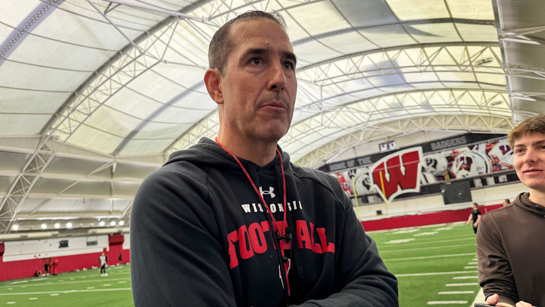 Wisconsin football coach Luke Fickell speaks to reporters after the first spring practice Thursday, March 19, 2026 at the McClain Center in Madison.