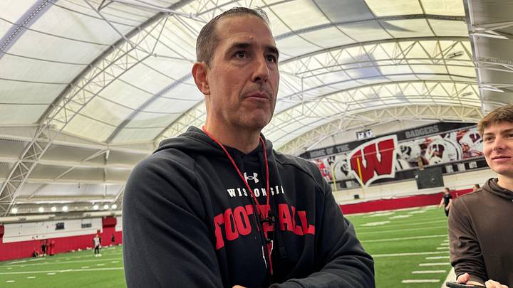 Wisconsin football coach Luke Fickell speaks to reporters after the first spring practice Thursday, March 19, 2026 at the McClain Center in Madison.