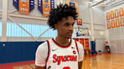 Syracuse freshman Sadiq White Jr. answers questions at media day..